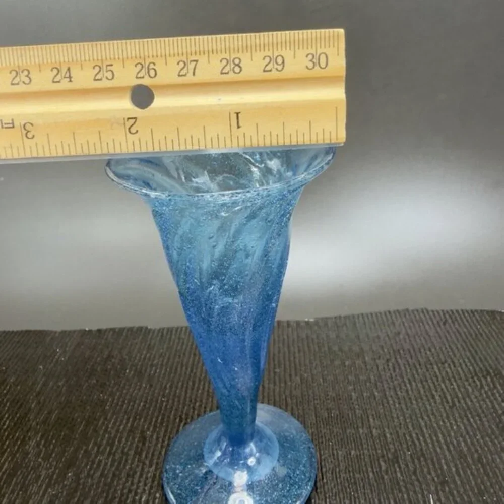 Hand Blown Blue Trumpet‎ Art Glass Vase Vessel With Air Bubbles Glass Bud Vase
